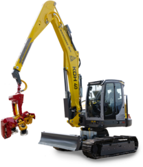 Bau-Bagger mit Anbaugerät Gelber Bagger mit rotem Anbaugerät auf weißem Hintergrund